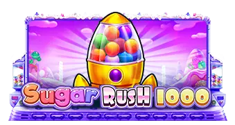 Officiel Sugar Rush 1000-grafik fra Pragmatic Play med slikfigurer og spillets titel.