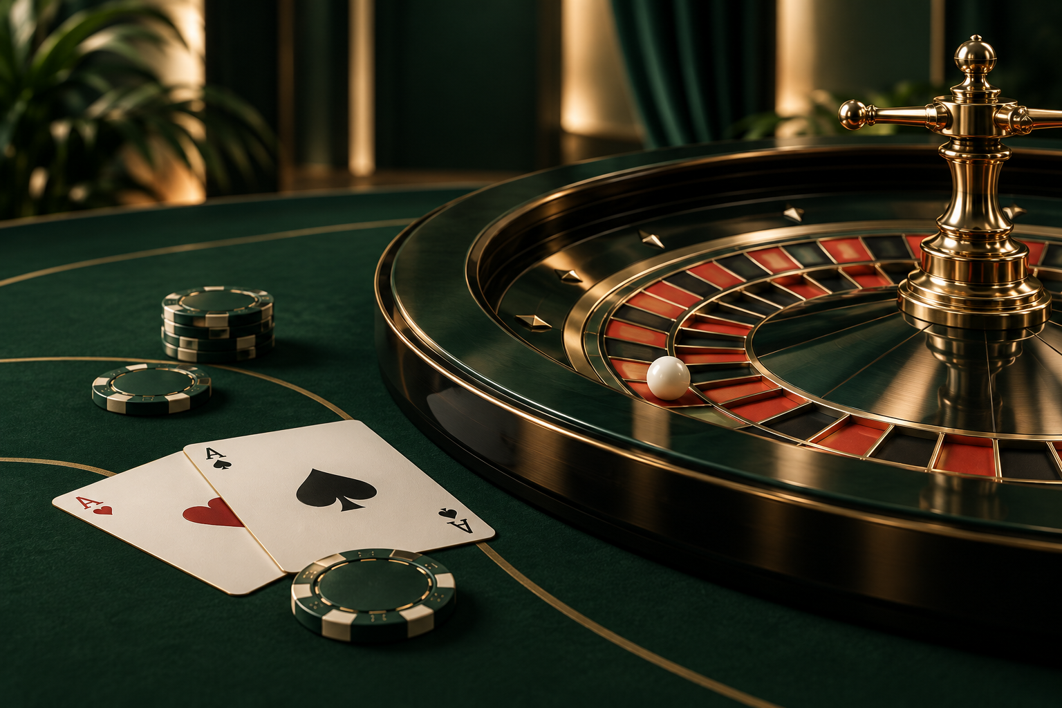 Et roulettehjul med grøn filt og jetoner viser et live casino-bord.