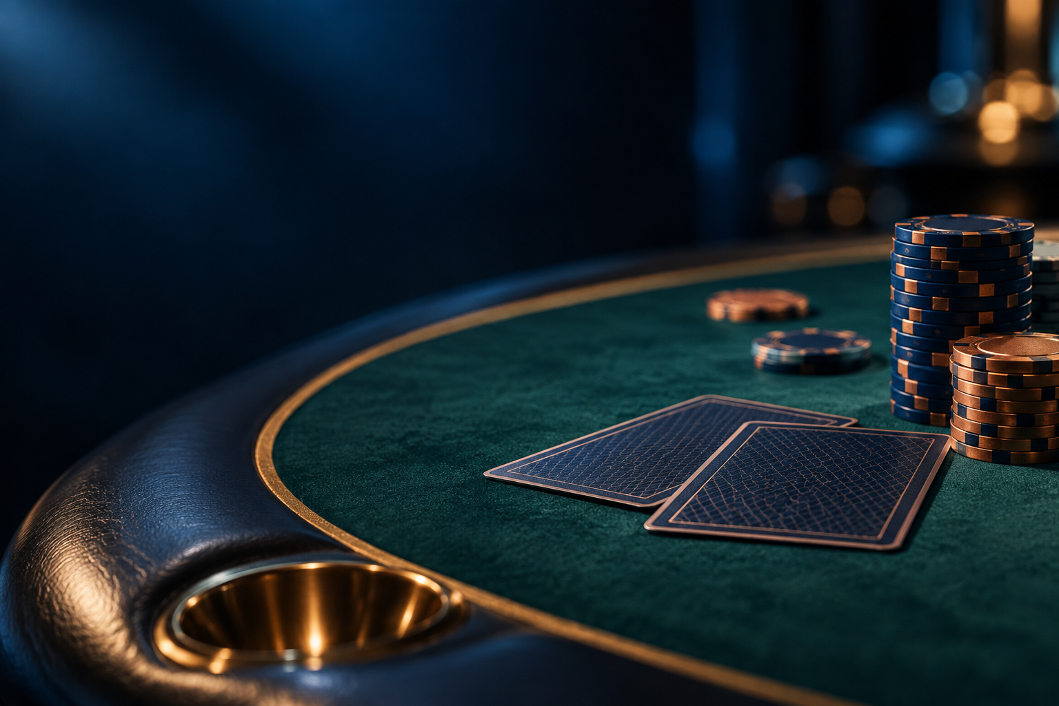 Mørke spillekort og jetoner på et grønt pokerbord i dæmpet studielys.