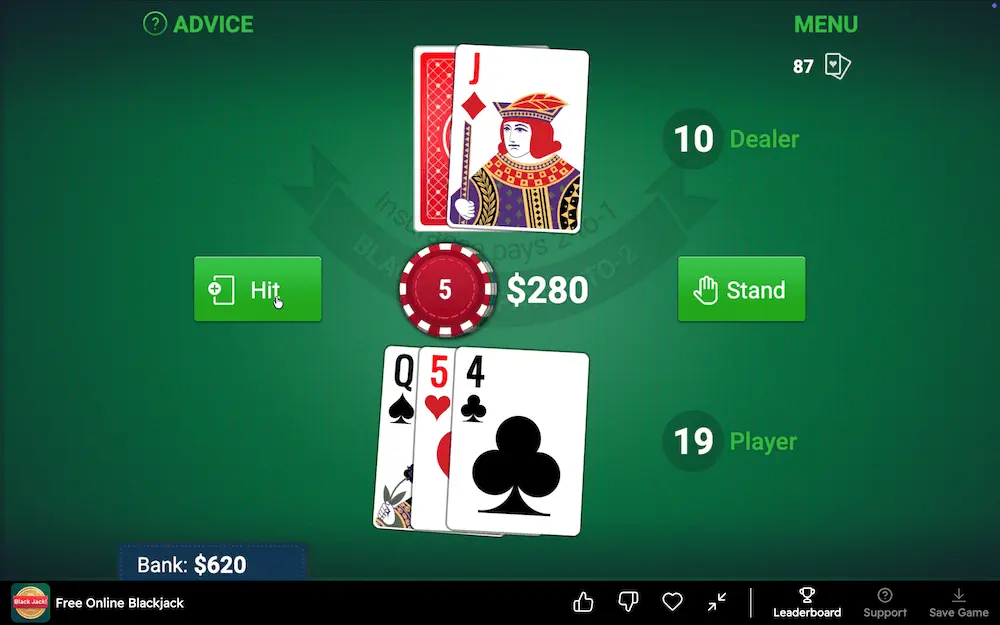 Skærmbillede af Arkadiums gratis blackjack med virtuelle point