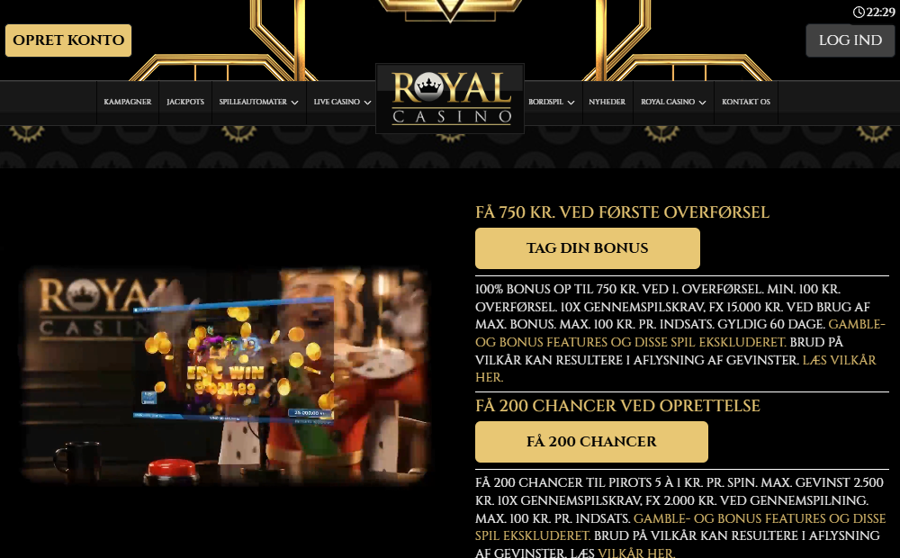 Royal Casino skærmbillede af casinosiden