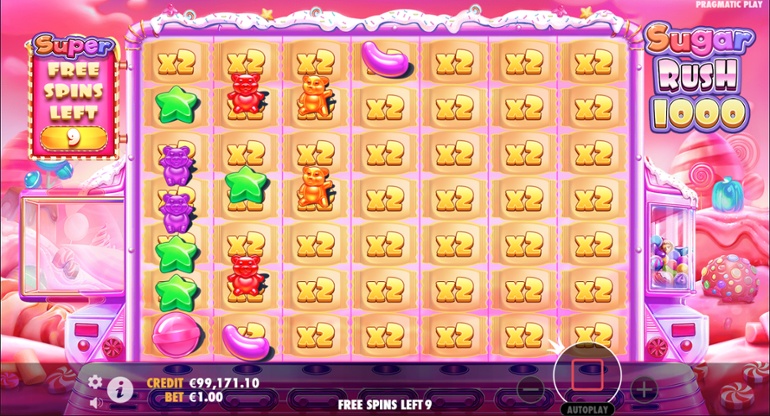 Skærmbillede af Sugar Rush 1000 i demotilstand med 7x7 gitter, slikfigurer og markerede felter