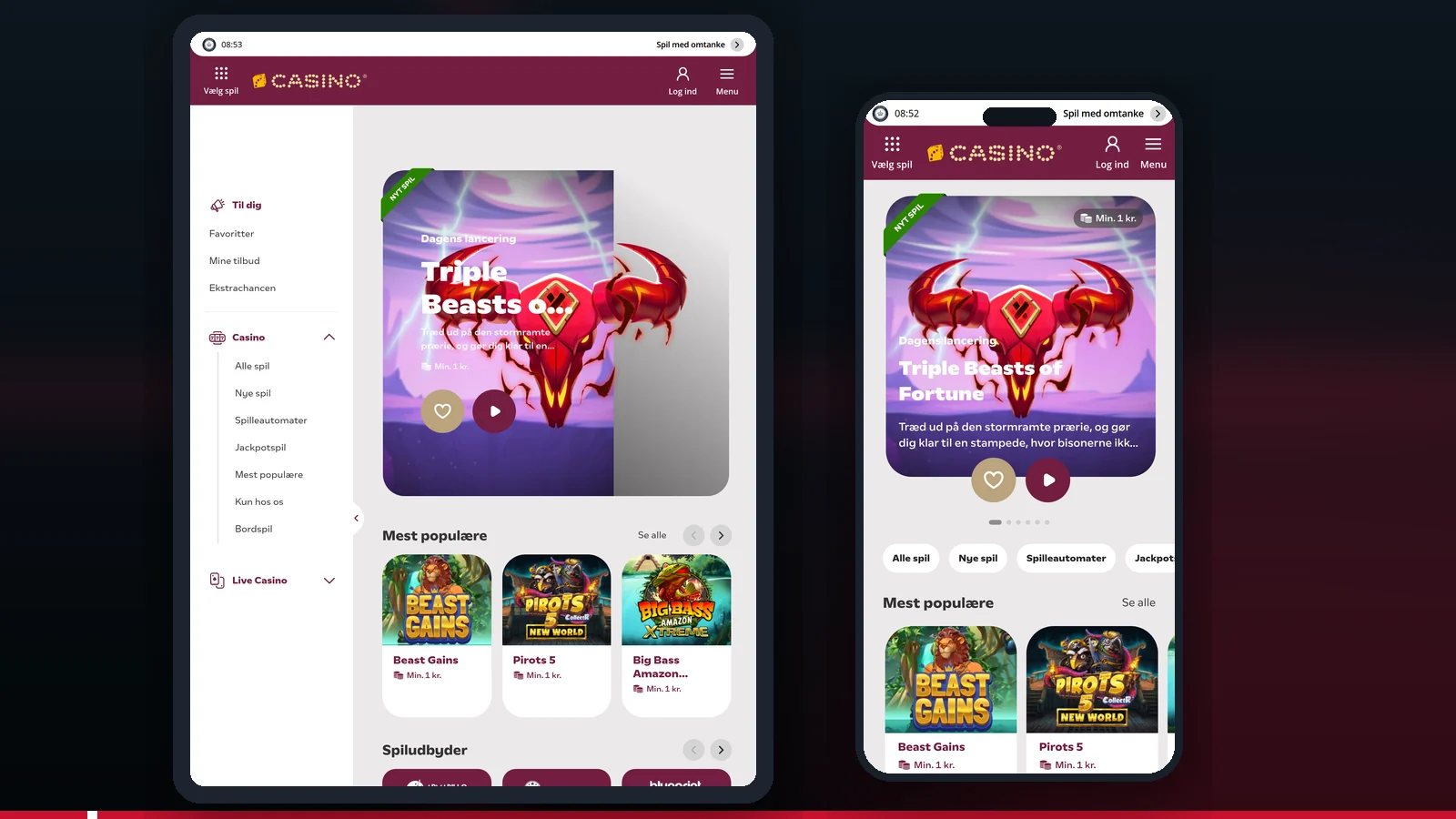 Danske Spil Casino på tablet og telefon med spiludvalg, favoritter og bjælken med Spillemyndighedens mærkning